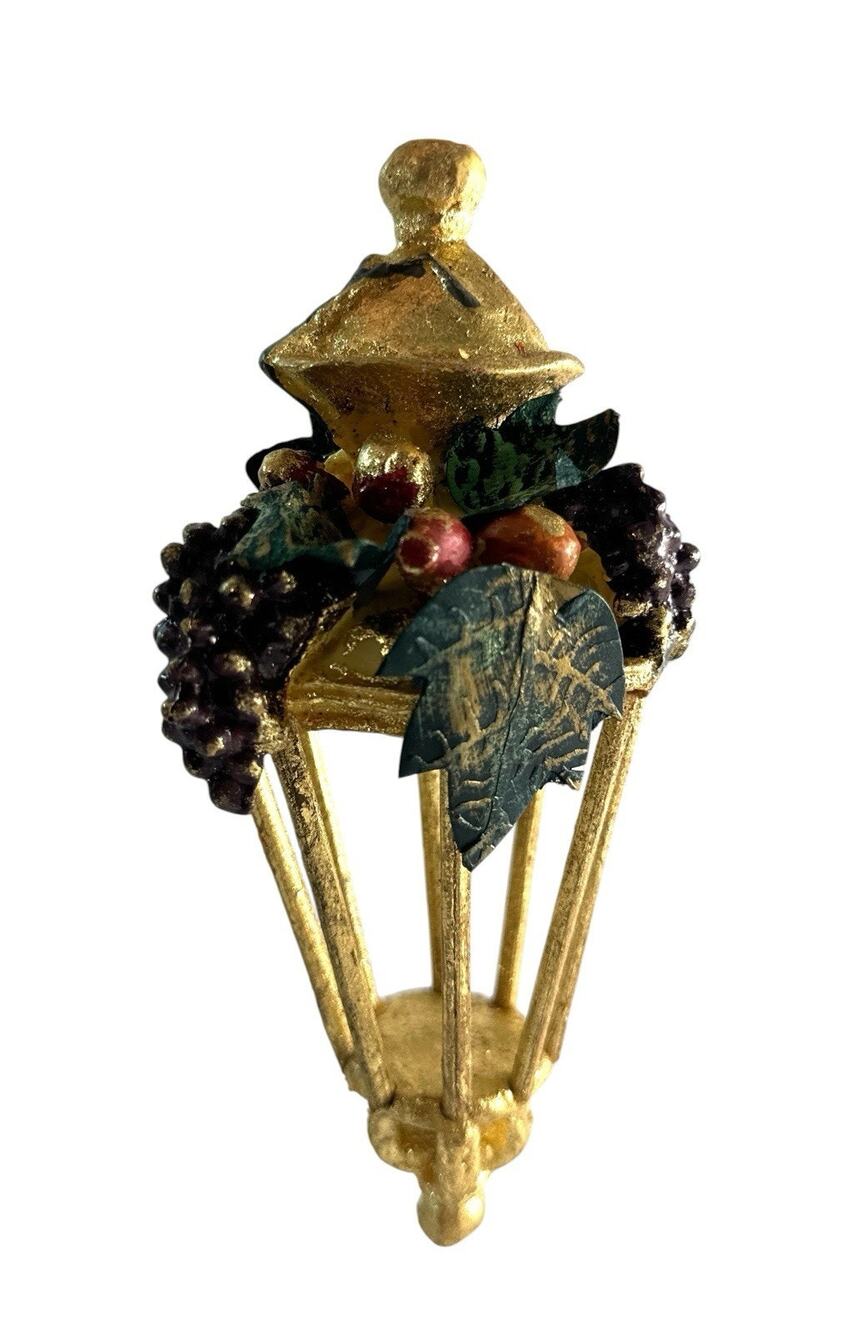 Vintage Gold Cage Lantern Christmas Ornament Fruit Grapes Leaves 6.5”
